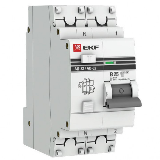 Выключатель автоматический дифференциального тока 2п B 25А 30мА тип AC 4.5кА АД-32 2мод. защита 270В электрон. PROxima EKF DA32-25-B-30-pro
