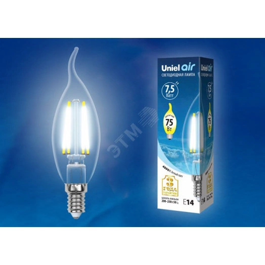 LED-CW35-7,5W/NW/E14/CL GLA01TR Лампа светодиодная. Форма ''свеча на ветру'', прозрачная. Серия Air. Белый свет (4000K). Картон. ТМ