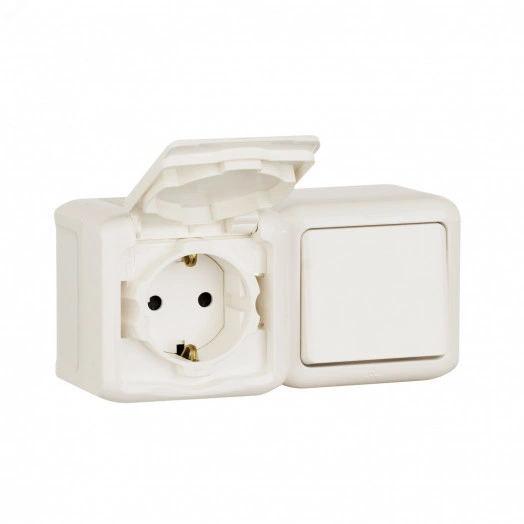 Quteo Блок: Выключатель + розетка с заземлением со шторками наружный белый IP44