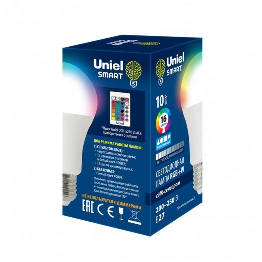 Лампа светодиодная с ИК сенсором. Форма А,         матовая. RGB свет. Пульт ДУ (н/к) LED-A60-10W/RGB/E27/REG PLS21WH. Картон