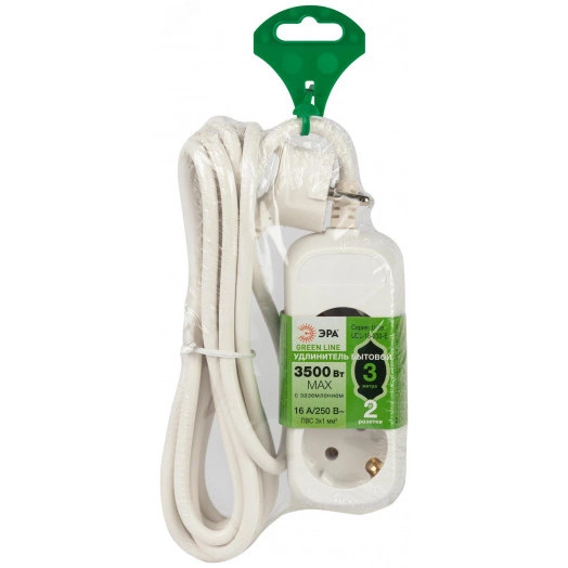 Удлинитель электрический 2 розетки с заземлением 3м ПВС 3x1мм2 UDL-16-230-E Greenline ЭРА