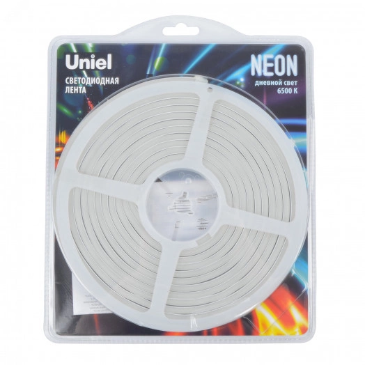 Светодиодная гибкая герметичная лента. NEON ULS-N01-2835-120LED/m-6mm-IP67-DC12V-9W/m-5M-6500K катушка 5м в блистере дневной белый свет 6500K