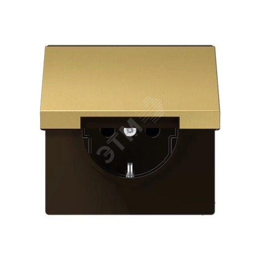 Штепсельная розетка SCHUKO одинарная, с заземлением, с откидной крышкой, 16A, 250В  (механизм + накладка, без рамки). Серия LS990  Материал- металл  Цвет- классическая латунь