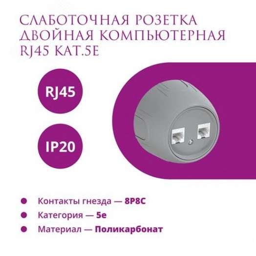 Розетка двойная компьютерная RJ45 кат.5e  Rotondo, цвет серый