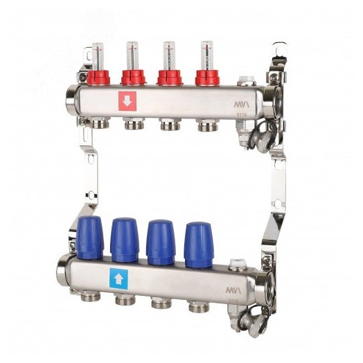 Коллекторная группа с расходомерами 1' х 4 выхода 3/4' НР евроконус с дренажным краном и воздухоотводчиком