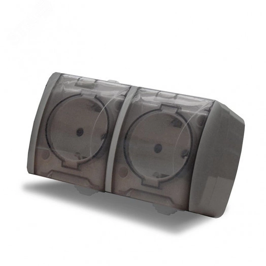 Клио розетка двухместная с прозрачной крышкой Клио, IP54, с/з, о/у, 16А, 220В, серый (еврослот)