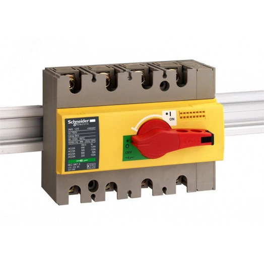Выключатель-разъединитель INS100 4п красная рукоятка/желтая панель