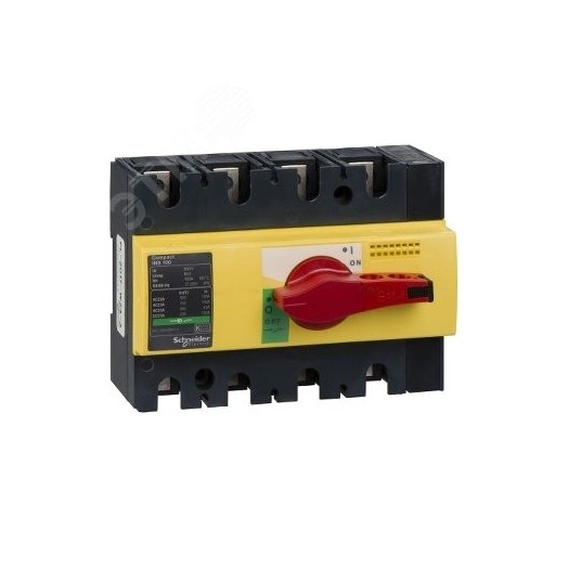 Выключатель-разъединитель INS100 4п красная рукоятка/желтая панель