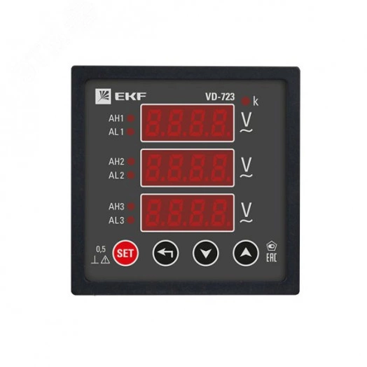 Вольтметр цифровой на панель 72х72 (квадратный вырез) трехфазный в коротком корпусе PROxima