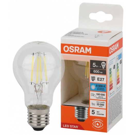 Лампа светодиодная филаментная LED Star Грушевидная 5Вт (замена 60Вт), 600Лм, 6500К, цоколь E27 OSRAM