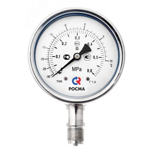 Мановакуумметр коррозионностойкий виброустойчивый радиальный ТМВ-521Р.00 -0.1...2.4MPa -70-+55C М20х1,5 кл.т. 1.0 готовый к гидрозаполнению двойная шкал а Аммиак
