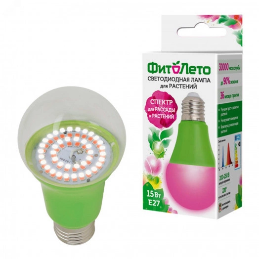 Лампа светодиодная для растений. LED-A60-15W/SPSB/E27/CL PLP30GR Форма A, прозрачная. Спектр для рассады и цветения. Картон. ТМ