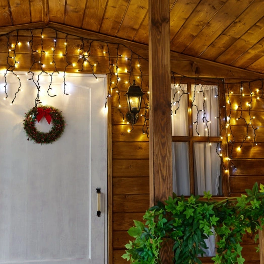 Бахрома светодиодная с эффектом мерцания 3м Соединяемая 200 светодиодов Теплый белый и белый свет Провод черный ULD-B3007-200/TBK WARMWHITE-WHITE IP67  ТМ Uniel