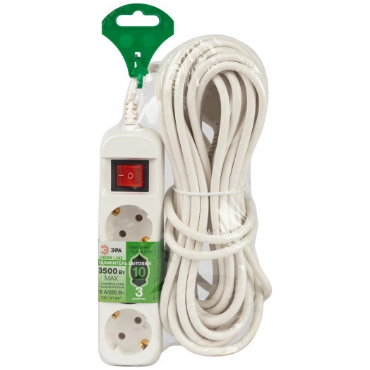 Удлинитель электрический 3 розетки с заземлением с выключателем 10м ПВС 3x1мм2 UDL-16-3100-ES Greenline ЭРА