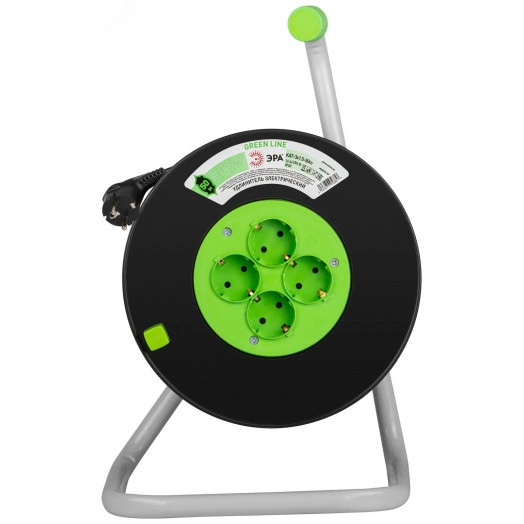 Удлинитель силовой на катушке пластик 4 розетки с заземлением 50м ПВС 3x1.5мм2 GREEN LINE KAT-3x1.5-50m Greenline ЭРА