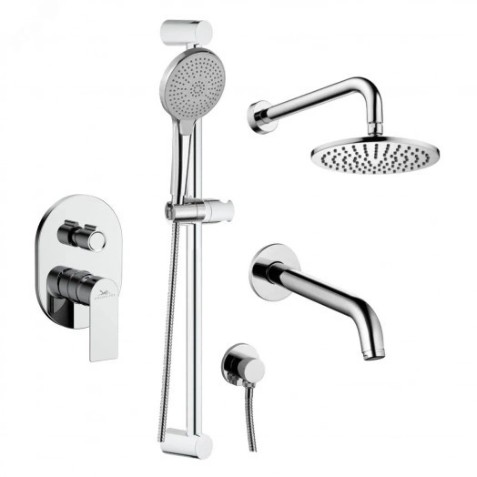 Система встраиваемая для душа (декоративная планка, маховик, излив, тропическая и ручная лейка, держатель для лейки и система смешивания)