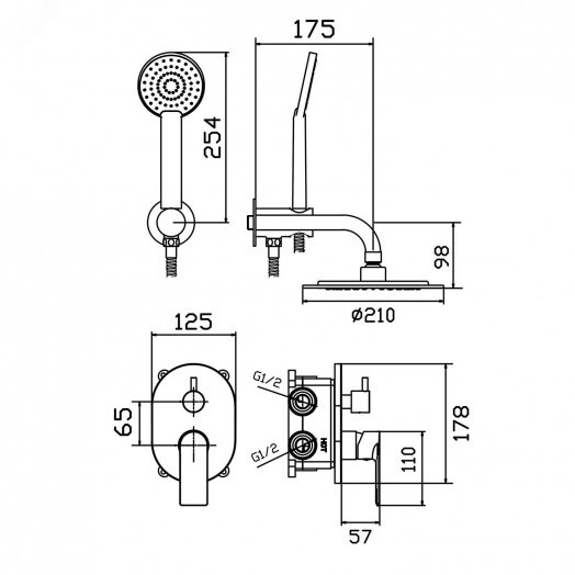 Система встраиваемая для душа (декоративная планка, маховик, излив, тропическая и ручная лейка, держатель для лейки и система смешивания)