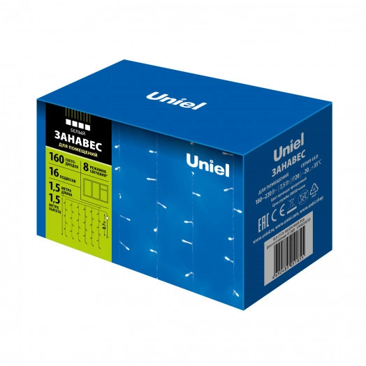 Занавес светодиодный,1,5х1,5 м 160 led белый с контроллером провод прозрачный IP20 ULD-C1515-160/DTA WHITE IP20