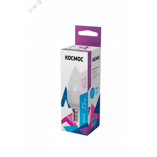 Лампа светодиодная LED 7.5Вт Свеча 220В Е14 D37х100 6500К холодный 600 лм