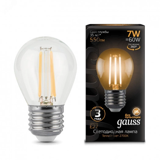 Лампа светодиодная филаментная LED 7 Вт 550 лм 2700К AC150-265В E27 шар P45 теплая  Black Filament Gauss