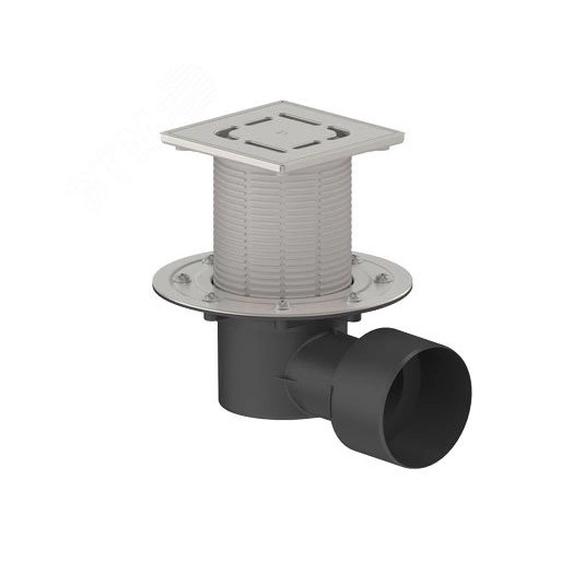 Трап горизонтальный регулируемый c прижимным фланцем ТП-5100.1-3000 для внутренней канализации 75,110 мм, с решеткой из нержавеющей стали 15х15 см и гидрозатвором