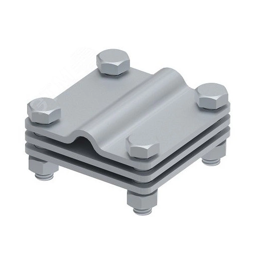 Соединитель крестовой 65х65 для параллельного, крестового и Т-образного соединения прутка диаметром 6-10 мм/полосы до 40 мм. С разделительной пластиной. Монтаж с помощью 4 винтов с шестигранной головкой M8 x 25 и 4 шестигранных гаек M8. Материал