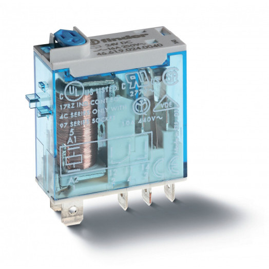 Реле электромеханическое промышленное миниатюрное, монтаж в розетку или наконечники Faston (4.8х0.5мм), 1СO 16A, контакты AgNi, катушка 24В DC, влагозащита RTII, опции: мех.индикатор