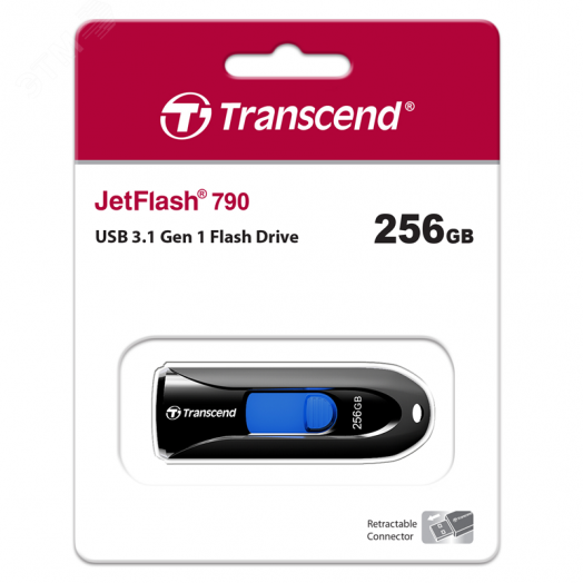 Флеш накопитель 256GB JetFlash 790, USB 3.1 Gen 1, выдвижной, черный, синий