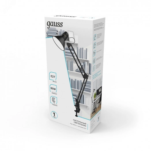 Светильник настольный под лампу E27 х60 Вт 220-240В IP20 480х165 мм Черный струбцина GTL Gauss