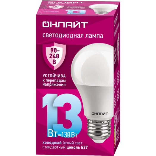 Лампа светодиодная 13вт OLL-A60-13-230-6.5K-E27 PRO 90-240В ОНЛАЙТ