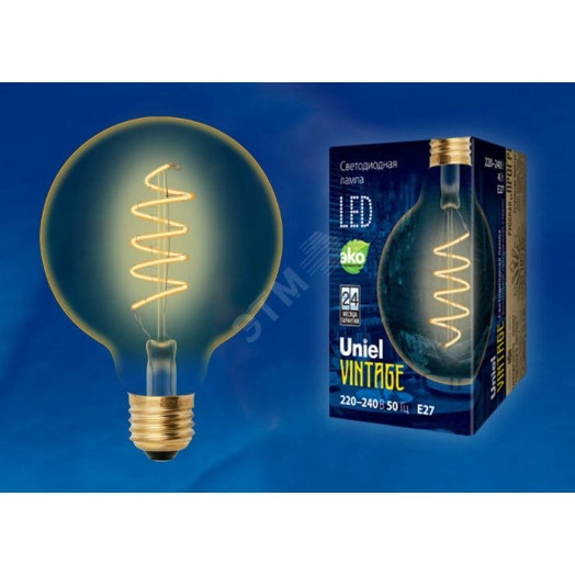 Лампа светодиодная декоративная LED 4вт 220-240В шар G95 400Лм Е27 2250К золотая колба спиральная нить Vintage