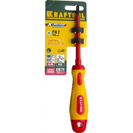 Отвертка , высоковольтная, Cr-Mo-V стержень, двухкомпонент. маслобензостойкая рукоятка, PH №2, 100мм