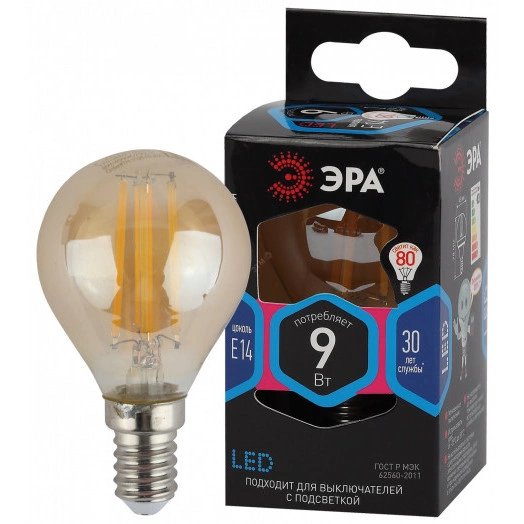 Лампа светодиодная F-LED P45-9W-840-E14 gold (филамент, шар золот, 9Вт, нейтр, E14) (10/100/3600)