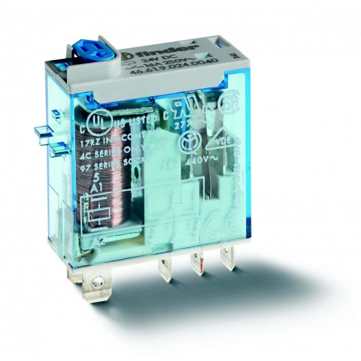 Реле электромеханическое промышленное миниатюрное, монтаж в розетку или наконечники Faston (2.5х0.5мм), 2СO 8A, контакты AgNi, катушка 24В DC, влагозащита RTII, опции: нет, специальная версия для Ж/Д-транспорта