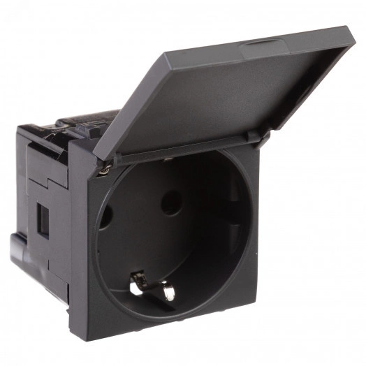 Avanti Розетка с крышкой модульная, 2P+E, с з/ш, , Черный матовый, 2 модуля