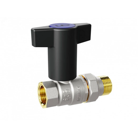 Кран шаровой латунный никелированный со сгоном (американка) Ду 15 Ру 40 (1/2') ВР/НР Т-рукоятка синий