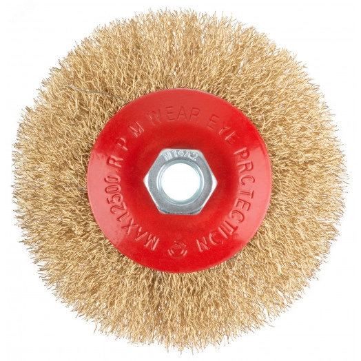 Корщетка-колесо с наклоном, гайка М14, стальная волнистая латунированная проволока 115 мм