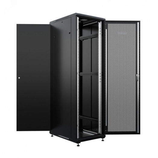 Шкаф напольный универсальный серверный R 47U 800х800мм, 4 профиля 19, двери перфорированная и сплошная металл, боковые стенки съемные, регулируемые опоры, разобранный, черный RAL 9005