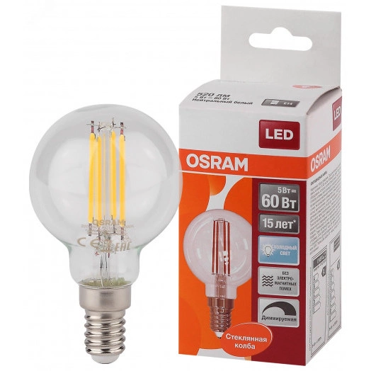 Лампа светодиодная LED 5Вт E14 CLB60D белый, Filament диммируемая,прозр.шар OSRAM