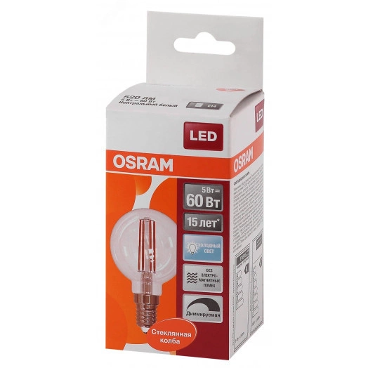 Лампа светодиодная LED 5Вт E14 CLB60D белый, Filament диммируемая,прозр.шар OSRAM