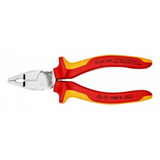 Плоскогубцы комбинированные VDE 1000V рез твердая проволока 2мм рояльная струна (HRC 59) 15мм кабель 10мм (16мм) L=160мм диэлектрические хромированные двухкомпонентные рукоятки
