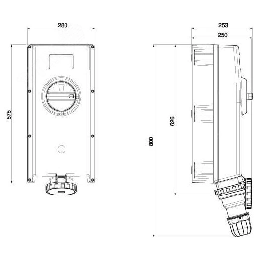 Розетка наружной установки IP67 125А 3P+E+N 400В с механической блокировкой и боковым расположением разъема