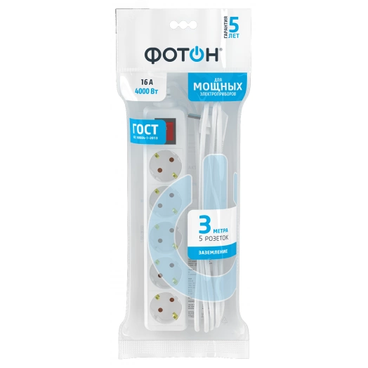 Удлинитель сетевой 16-35ЕS [1х5] 3м 16А с заземлением с выключателем Белый