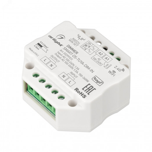 Диммер SMART-D5-TUYA-DIM-IN (230V, 1.5A, TRIAC, WiFi, 2.4G) (Arlight, IP20 Пластик, 5 лет)