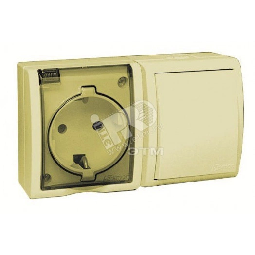 15 Aqua Блок розетка с заземлением 16А 250В + выключатель 10А 250В IP54 слоновая кость