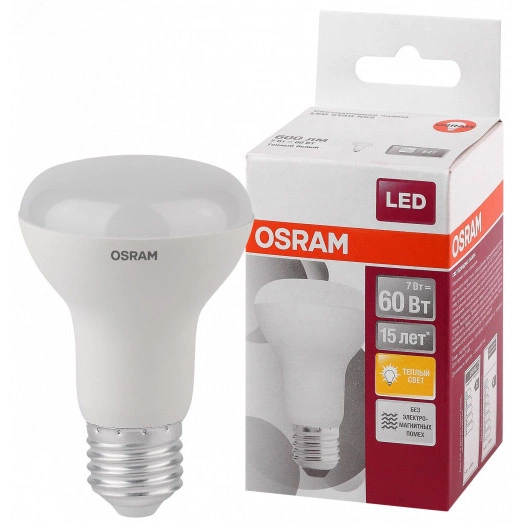 Лампа светодиодная LED 7Вт Е27 STAR R63 (замена 60Вт), теплый белый свет Osram