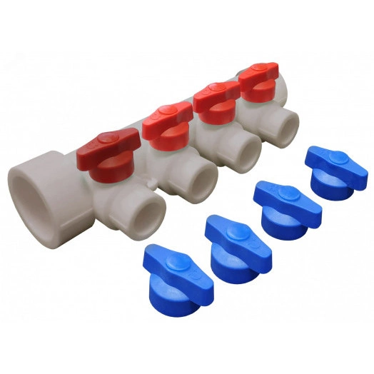 Коллектор универсальный с отсечными кранами 40х20 на 4 выхода (7/1) СЕРЫЙ