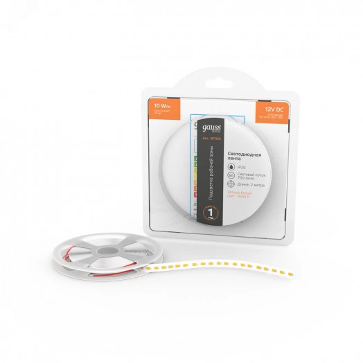 Лента светодиодная LED 2835/120-SMD 10 Вт/м 700 Лм/м 3000К теплый белый IP20 12 В DC 8 мм (катушка 2 м) Basic Gauss