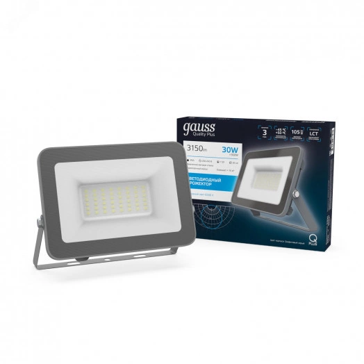 Прожектор светодиодный ДО 30 Вт 6500К 3150 лм 200-240В IP65 128х28х160мм Алюминий матрированное закаленное стекло Qplus Gauss