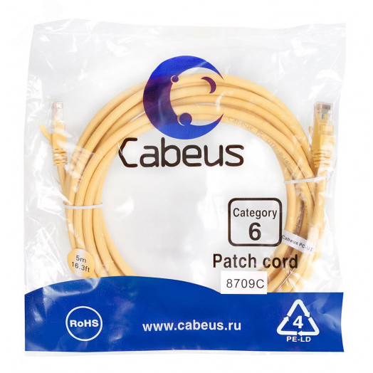 Патч-корд U/UTP, категория 6, 2xRJ45/8p8c, неэкранированный, желтый, PVC, 5м